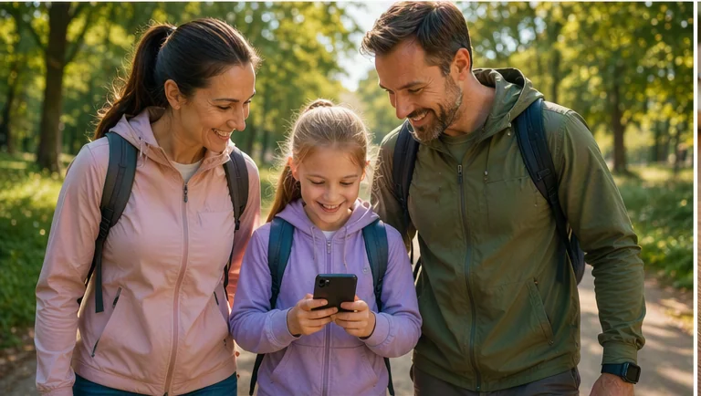 Familie på mobilbasert Pokémon-jakt ute