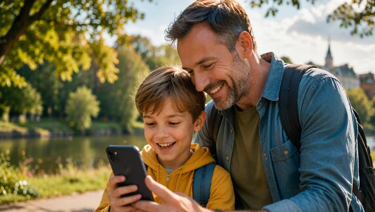 Forelder og barn på mobilbasert skattejakt i park